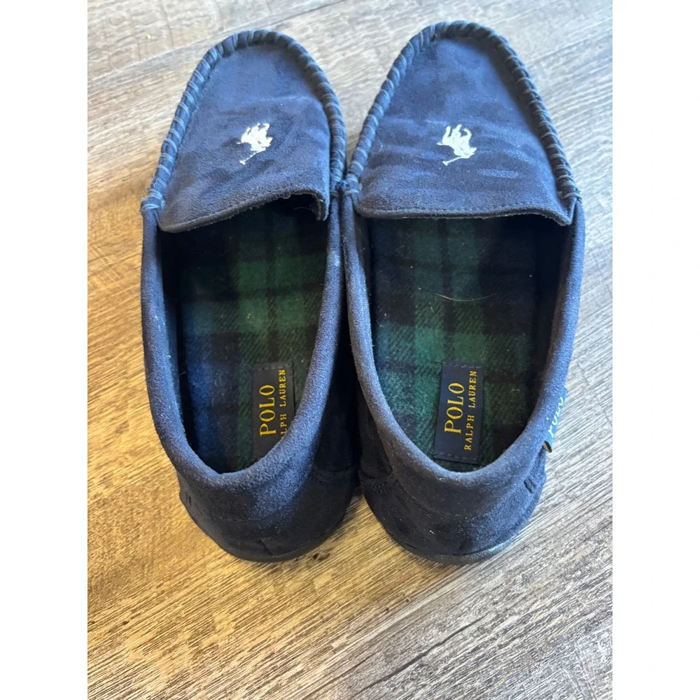 Polo Ralph Lauren Declan Mens Navy Blue Suede Moccasin Slippers Plaid Lining 12 - Picture 9 of 9